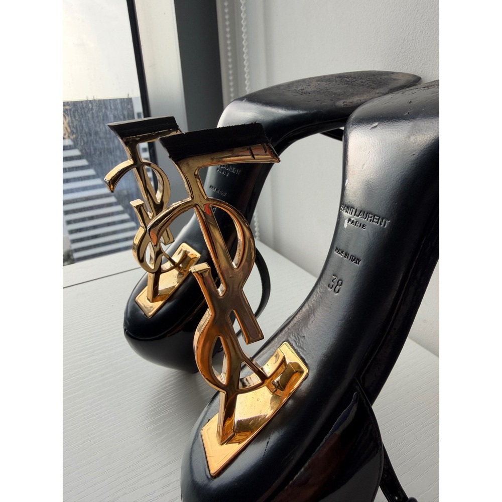 Saint Laurent Opyum Black Patent Leather YSL Gold Monogram Heel Sandals Size 38 - Picture 8 of 12